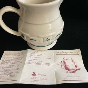 Longaberger Pottery Woven Traditions Green and Cream Pitcher